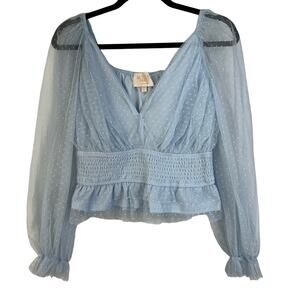 Audrey Parks Francesca’s Boutique Soft Blue Tulle Blouse Sheer Long-Sleeve Crop